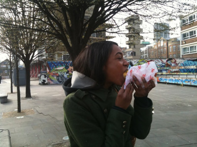 enjoying Big Apple Hot Dogs in London